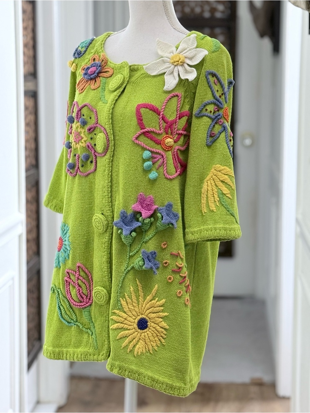 Vintage Cervelle 3D Floral Embroidered Beaded Novelty Cardigan Lime Green M